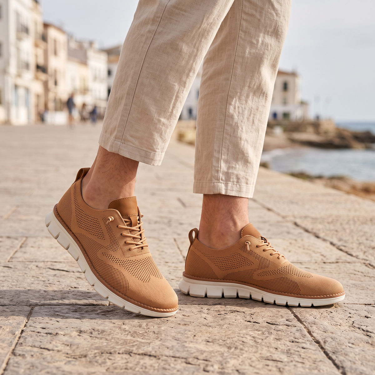Maddox Men's Lace-Up Casual Sneakers in caramel on a beachside town promenade