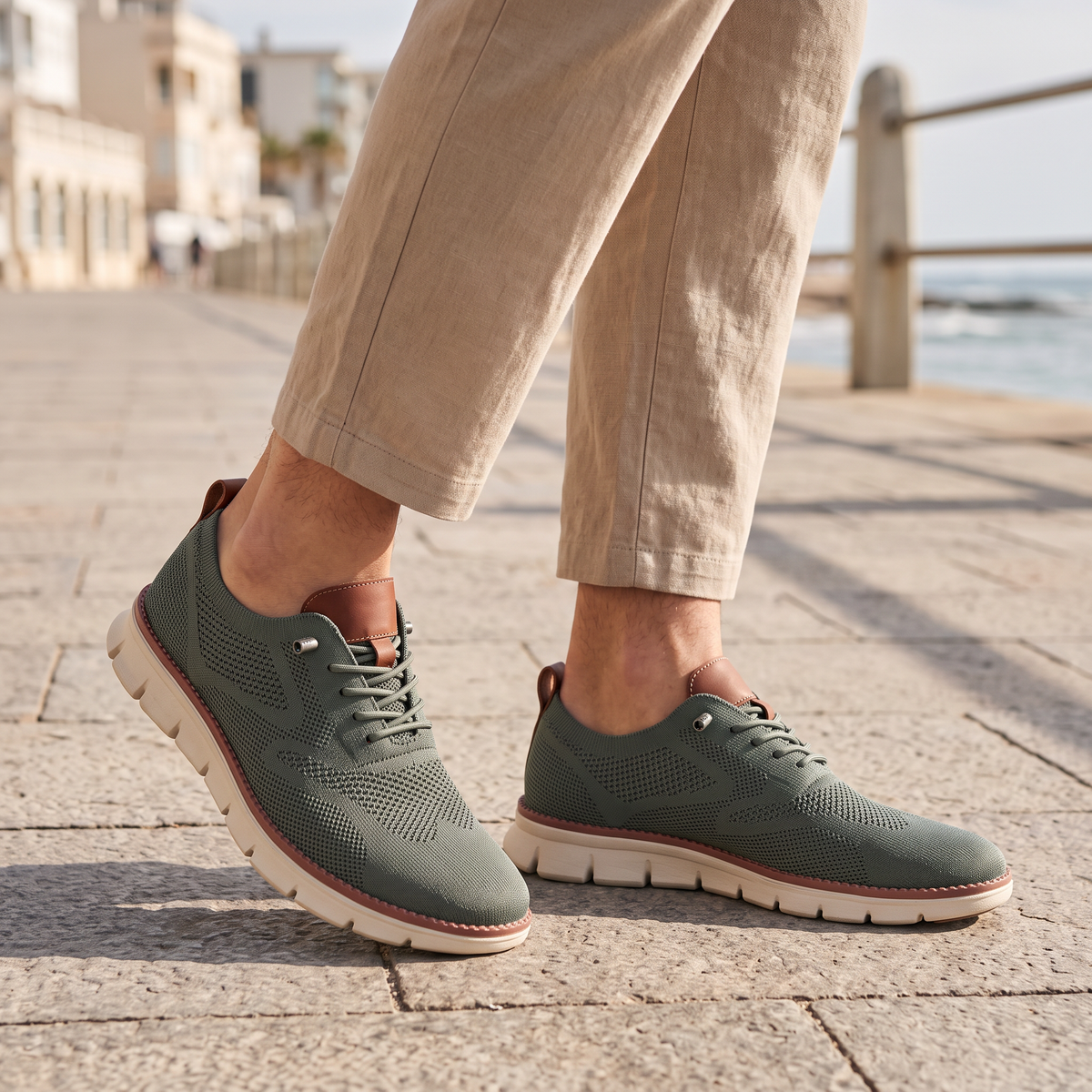 Maddox Men's Lace-Up Casual Sneakers in olive on a beachside town promenade