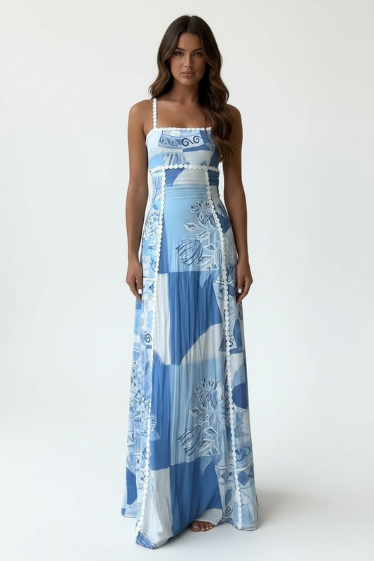 Marina Square Neck Cutout Maxi Dress in blue and white