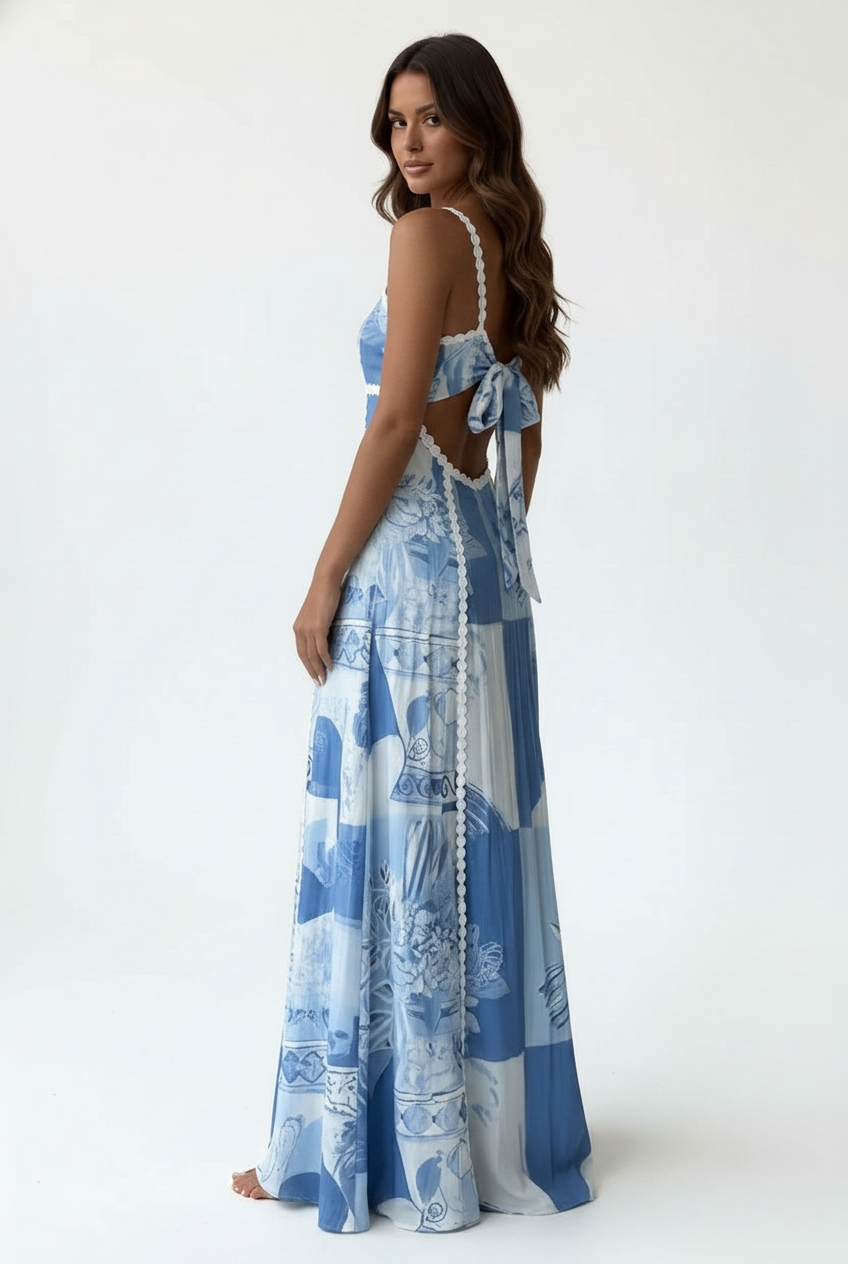 Marina Square Neck Cutout Maxi Dress in blue and white