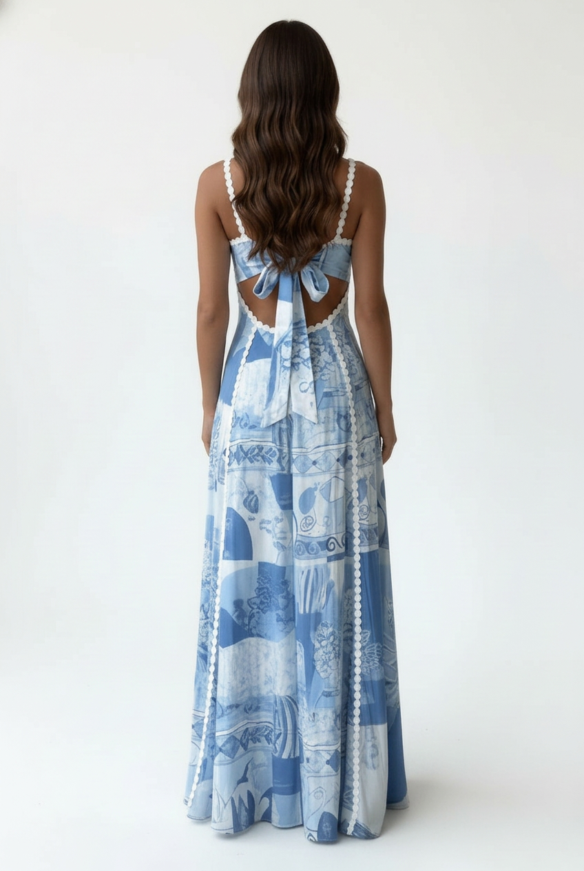 Marina Square Neck Cutout Maxi Dress in blue and white