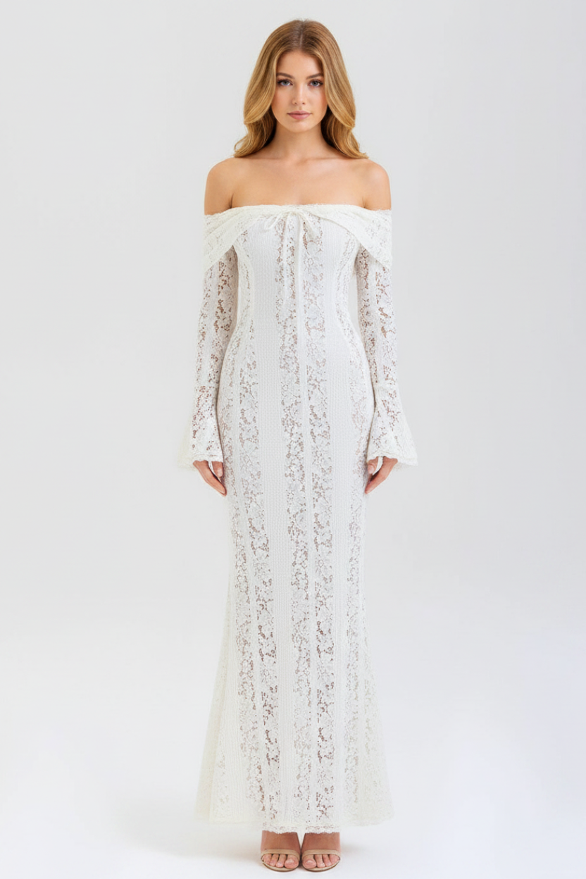 Odette Off Shoulder Lace Maxi Dress in ivory