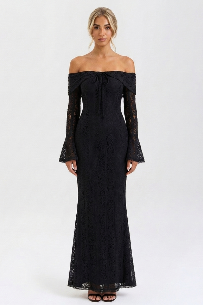 Odette Off Shoulder Lace Maxi Dress in black