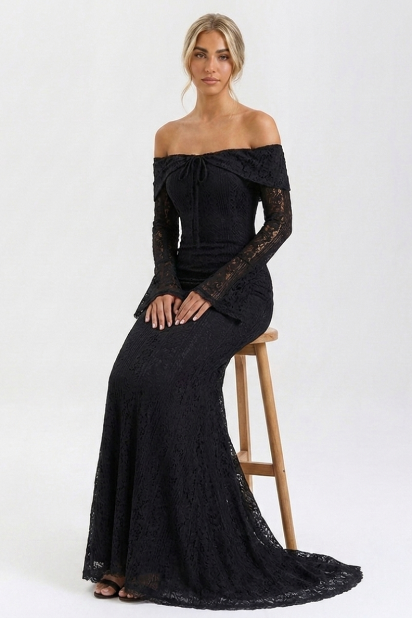 Odette Off Shoulder Lace Maxi Dress in black