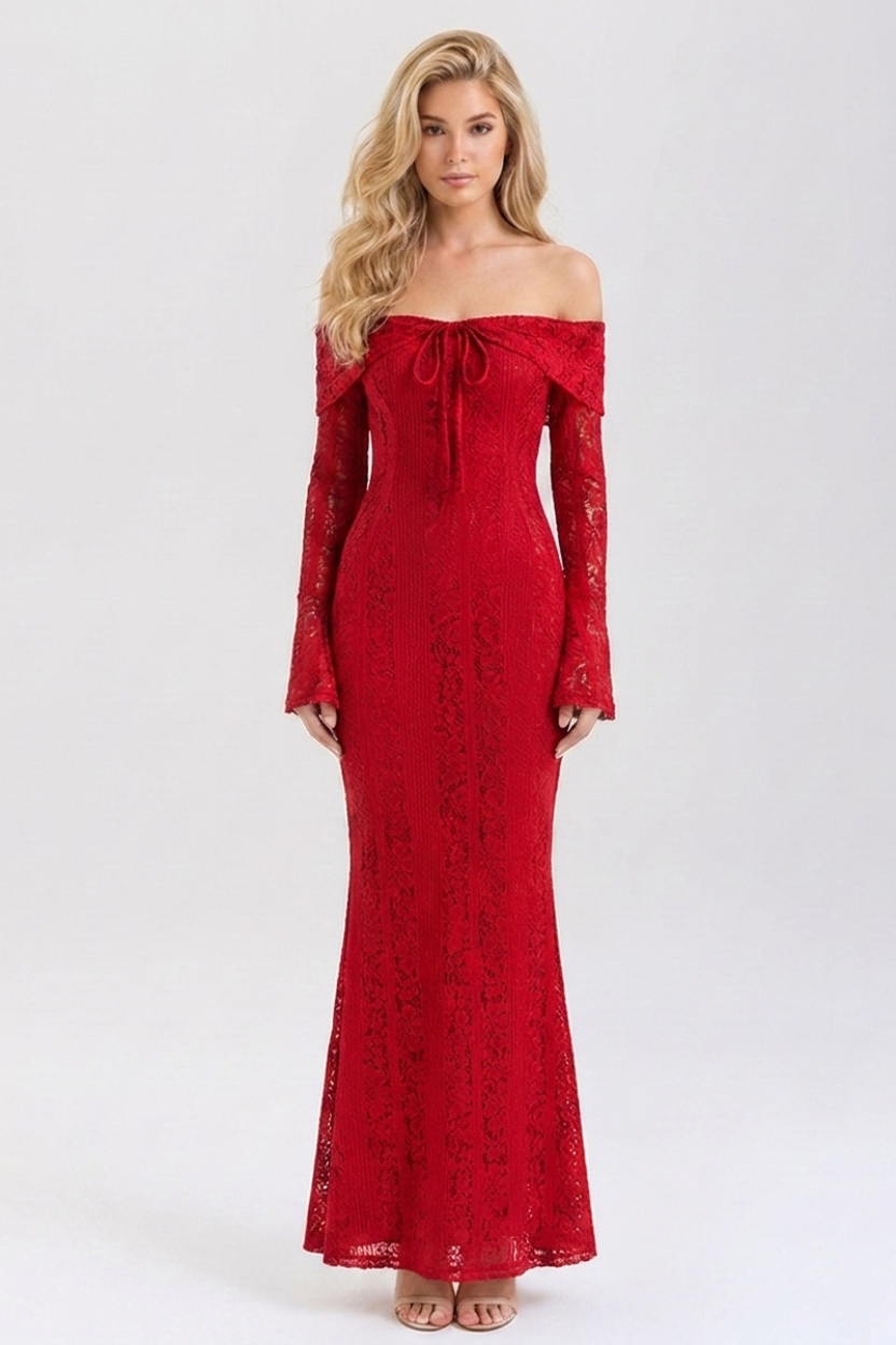 Odette Off Shoulder Lace Maxi Dress in red