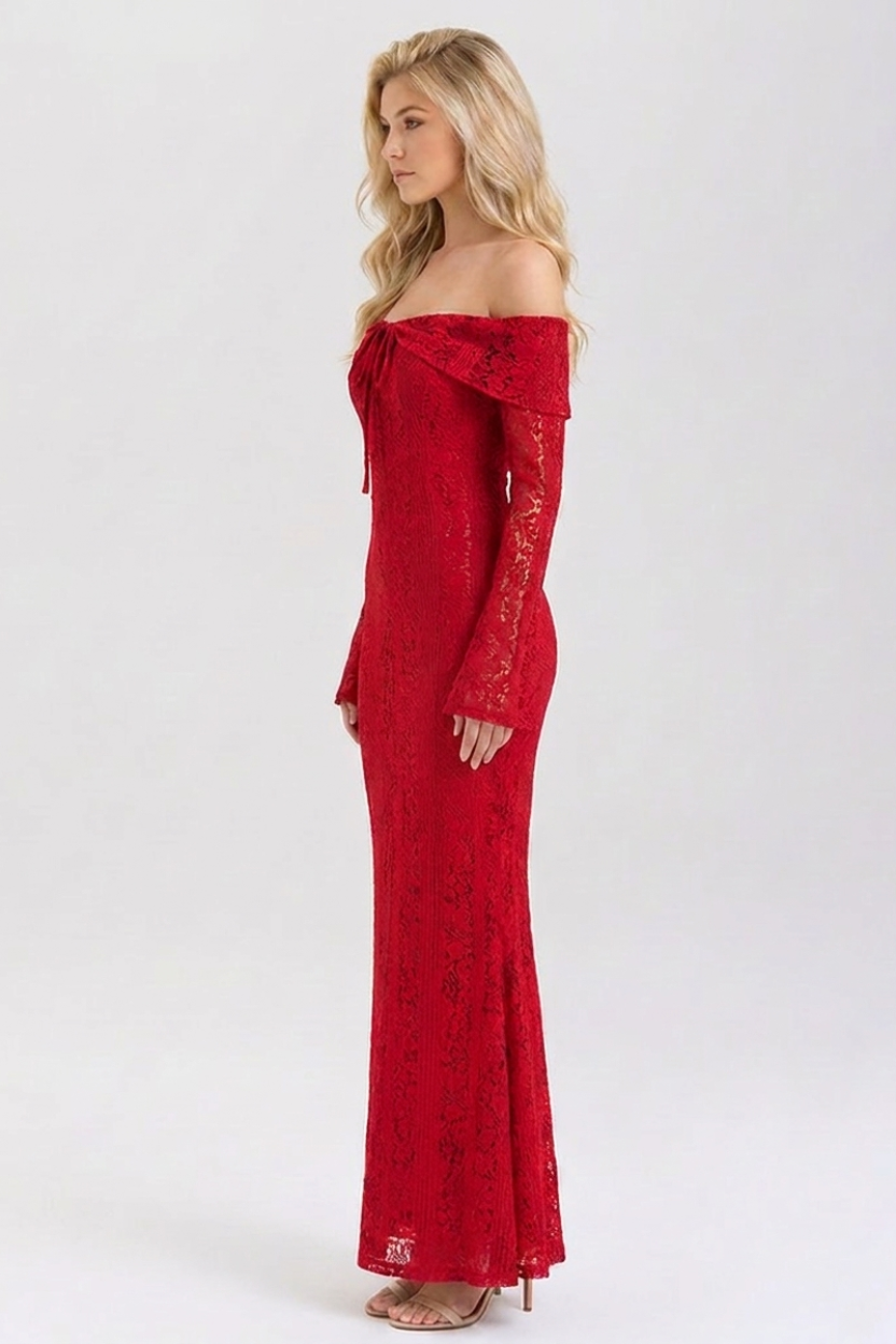 Odette Off Shoulder Lace Maxi Dress in red