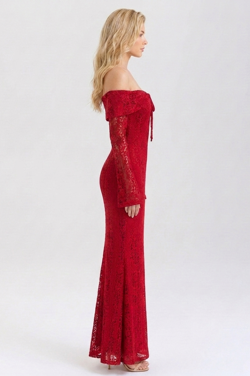 Odette Off Shoulder Lace Maxi Dress in red