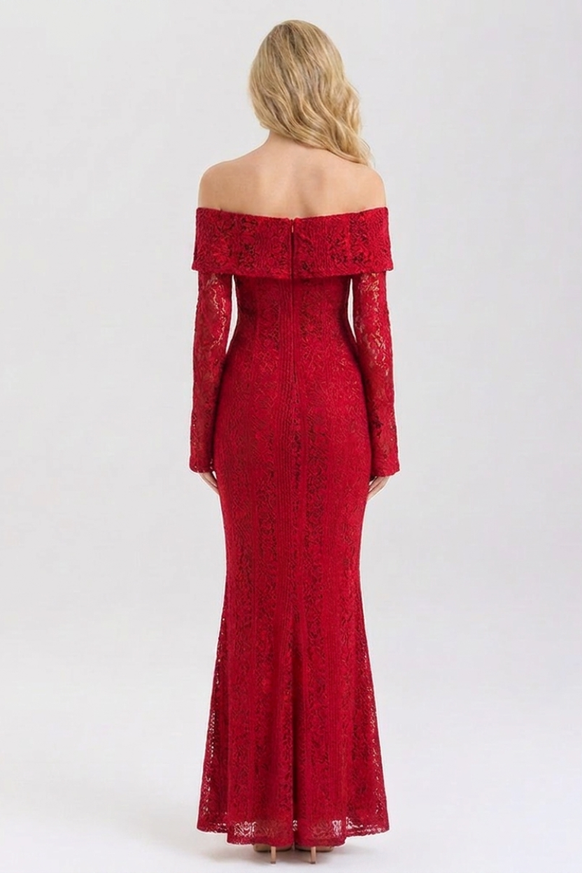 Odette Off Shoulder Lace Maxi Dress in red