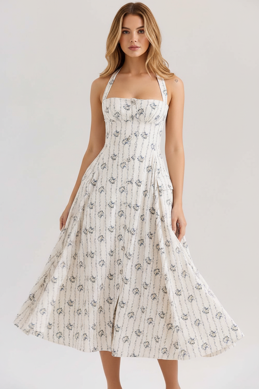 Rosalie Vintage Floral Midi Dress in white floral print