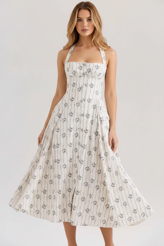 Rosalie Vintage Floral Midi Dress in white floral print