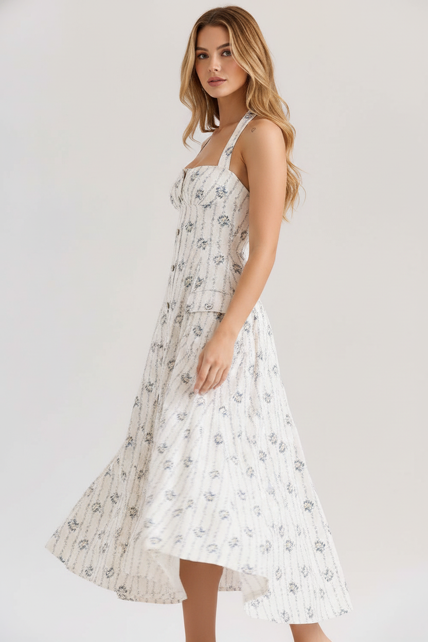 Rosalie Vintage Floral Midi Dress in white floral print