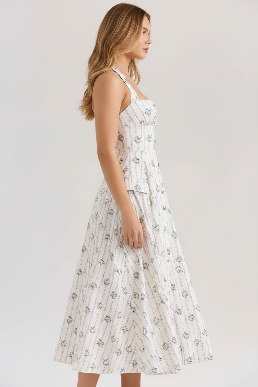 Rosalie Vintage Floral Midi Dress in white floral print