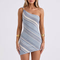 Sara Women's Striped One Shoulder Mini Dress worn by a model against a pale grey studio background