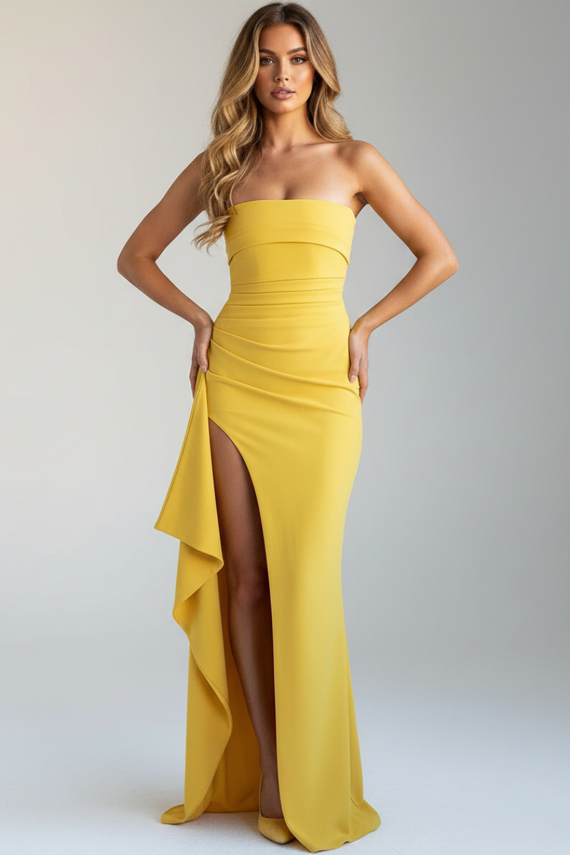 Valentina Strapless Split Maxi Dress in yellow